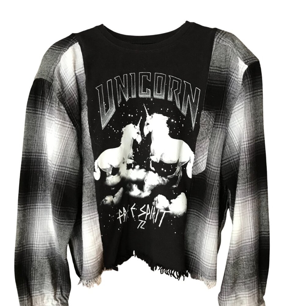 Upcycled Girls Unicorn Flannel Shirt, Reworked Graphic Tee Black White Size 8-12